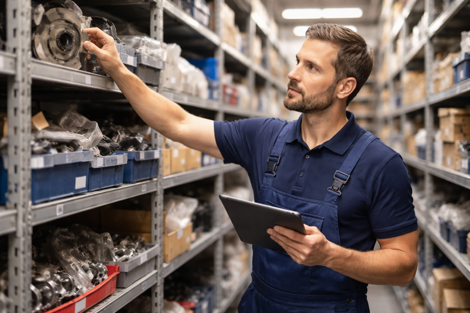 Technicien dans un dépôt de pièces auto avec tablette